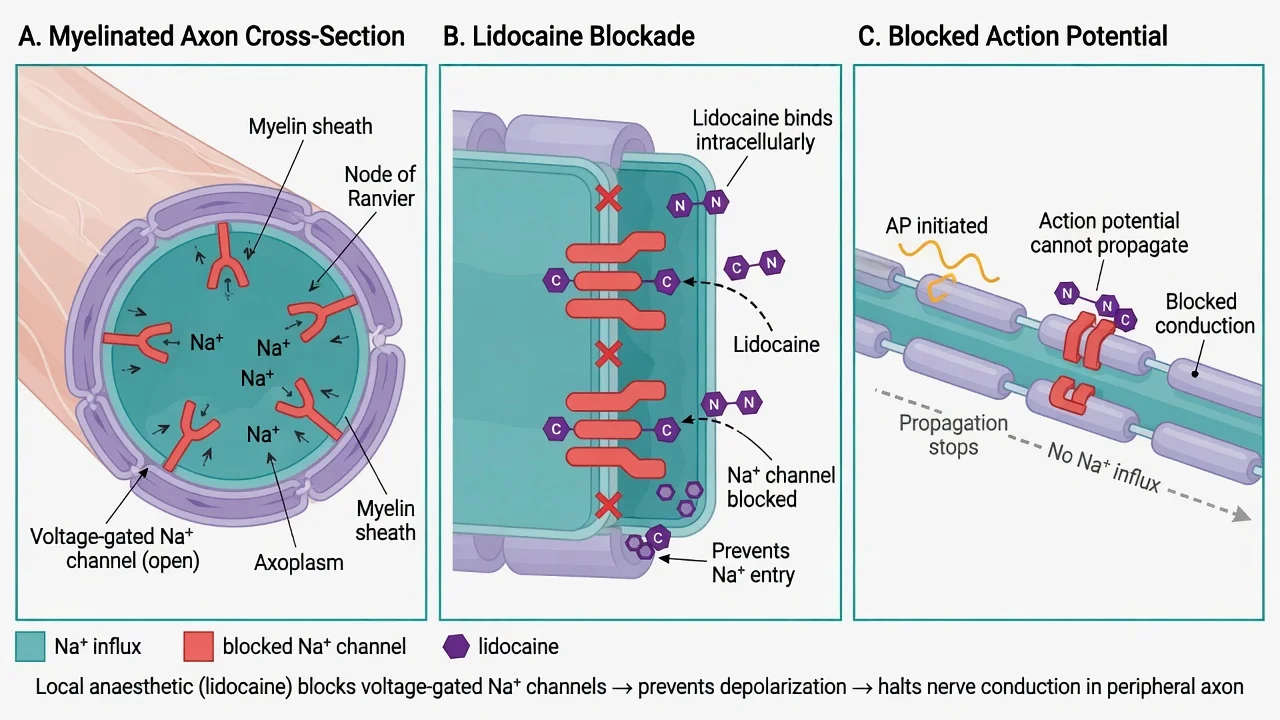 Educational diagram of lidocaine blocking axonal voltage-gated sodium channels and stopping action potential propagation