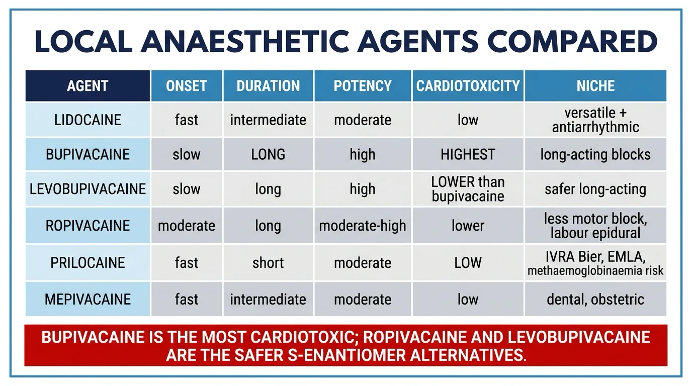 Local anaesthetic agents comparison table