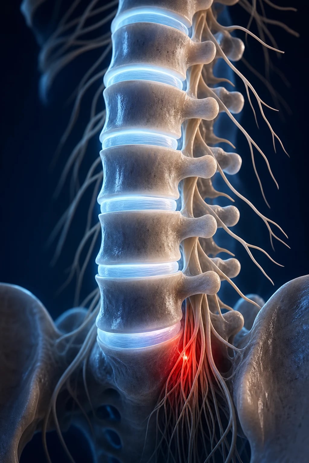 Cinematic 3D close-up of the lumbar spine with a glowing lower lumbar segment and nerve roots, a red warning motif at the cauda equina region, against a deep navy background