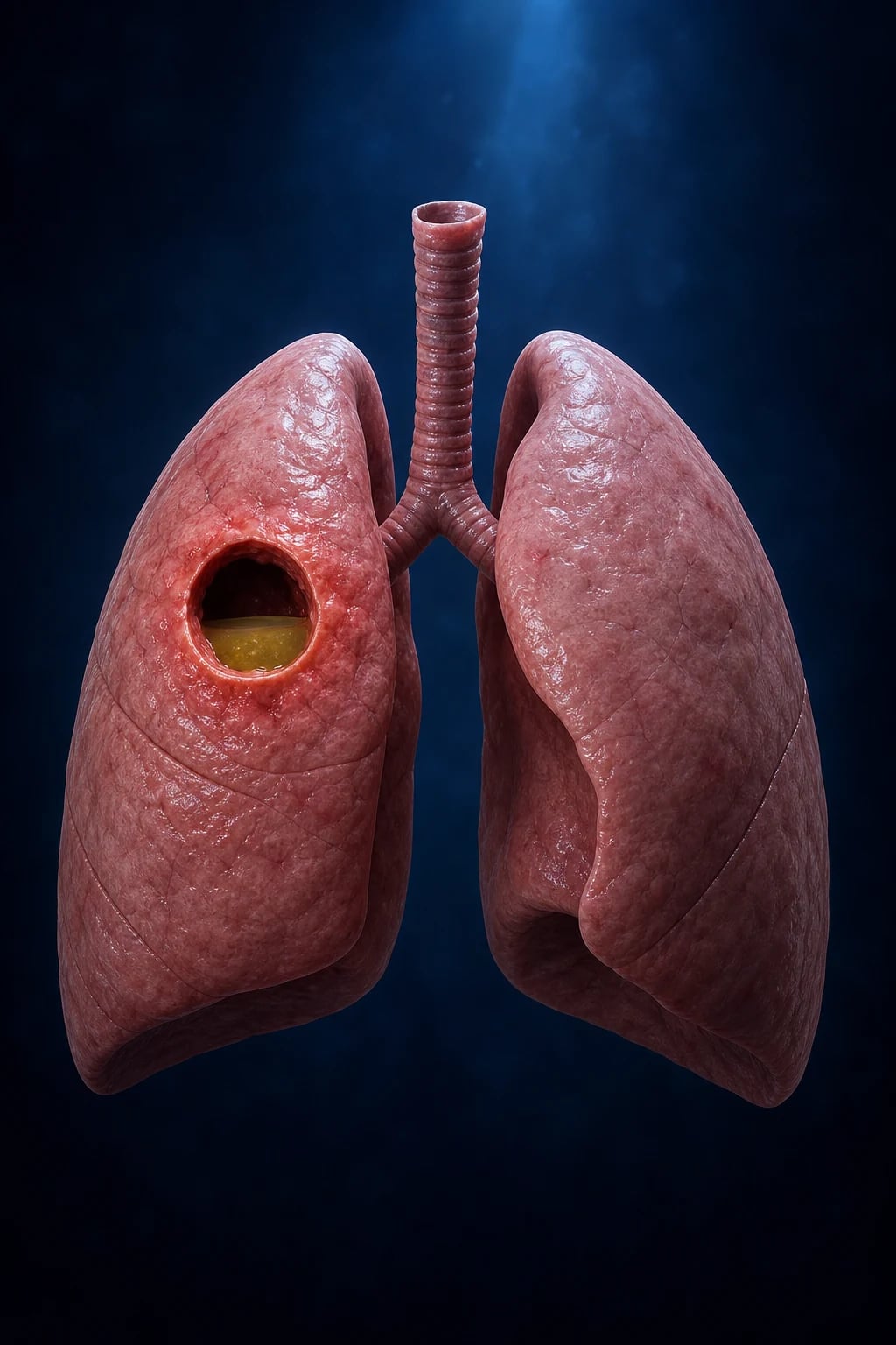 Cinematic ICU scene of a patient with a productive cough and foul-smelling sputum, a CT chest on screen showing a thick-walled cavity with an air-fluid level in a dependent lung segment, IV clindamycin infusing, clinical-blue lighting, no faces, no text