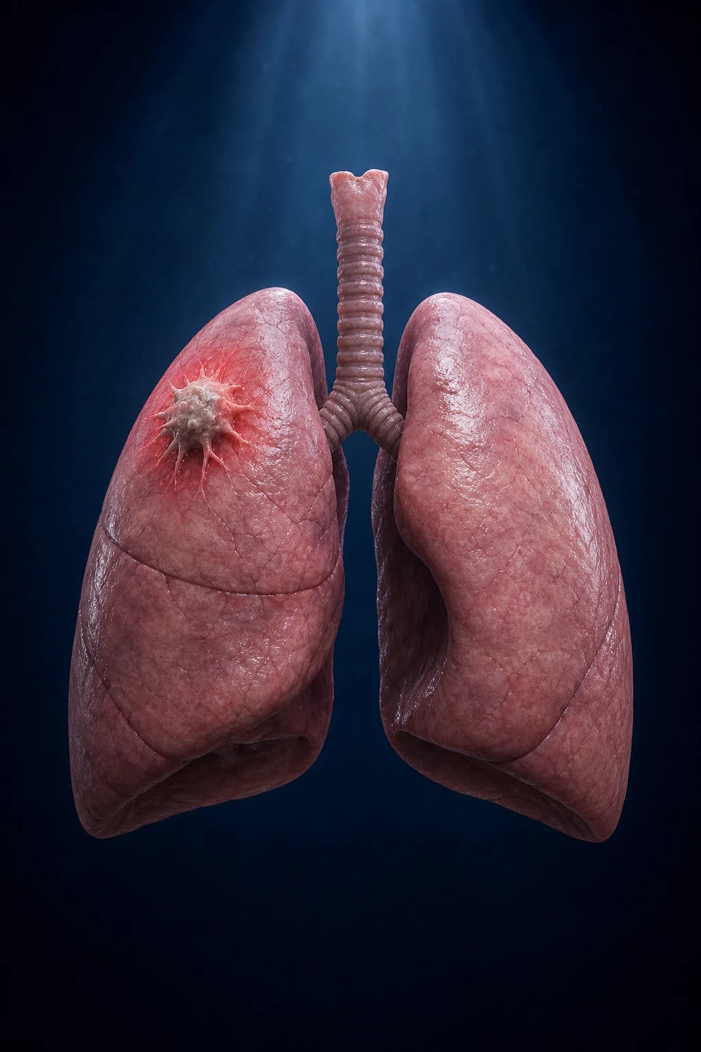 Cinematic 3D illustration of a cavitating bronchogenic carcinoma arising from a major bronchus, with adjacent consolidated lung and a subcarinal lymph node, deep navy background