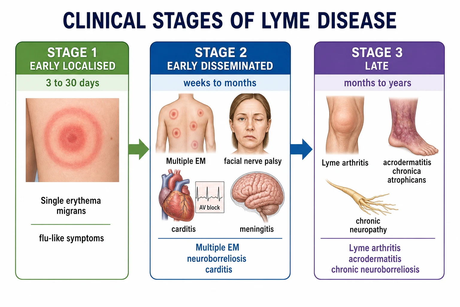 Timeline of the three clinical stages of Lyme disease from early-localised erythema migrans through early-disseminated carditis and neuroborreliosis to late arthritis and acrodermatitis chronica atrophicans