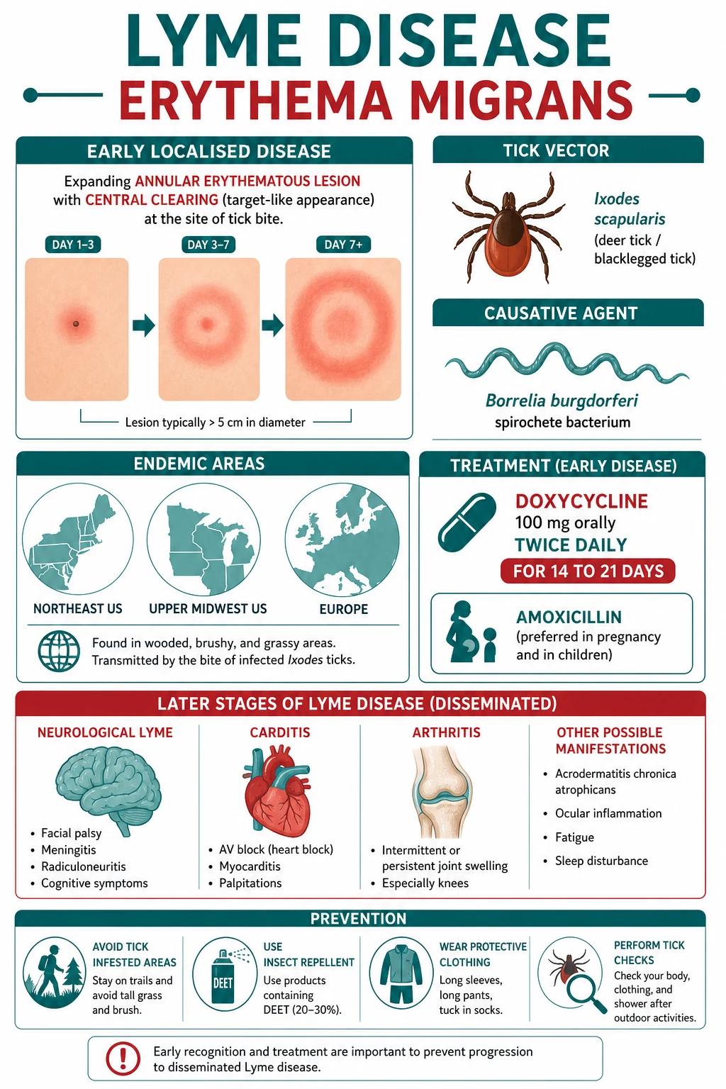 Educational infographic comparing erythema migrans with its clinical mimics and showing vector, pathogen, endemic regions, and treatment