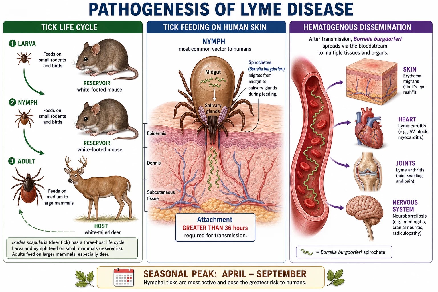 Diagram of the Ixodes tick life cycle, spirochaete migration from midgut to salivary glands during feeding, and haematogenous dissemination to skin, heart, joints, and nervous system