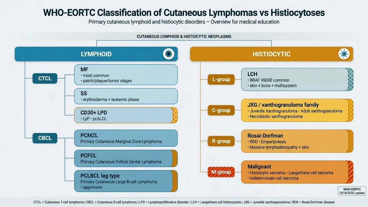 Classification chart of WHO-EORTC cutaneous lymphomas and Emile histiocytosis groups L C R M