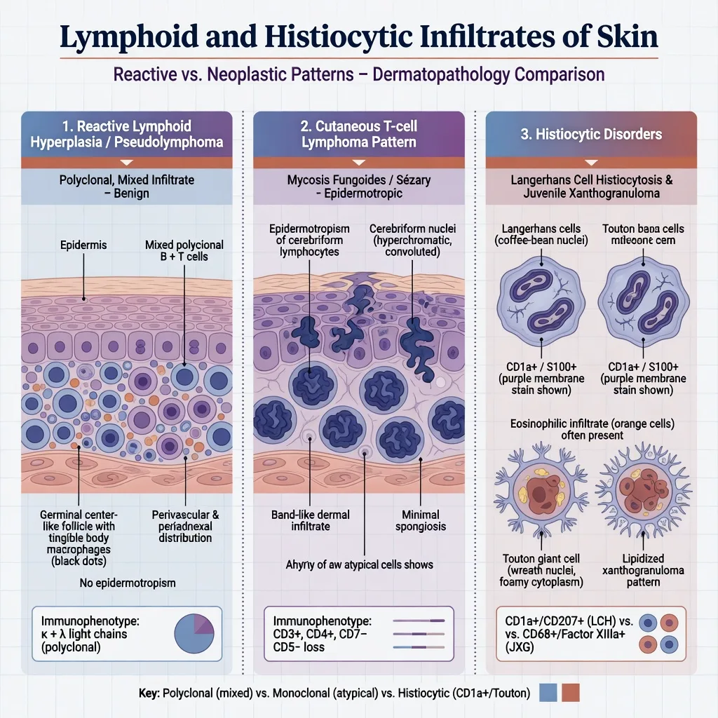Educational schematic comparing reactive lymphoid hyperplasia, epidermotropic cutaneous T-cell lymphoma, and histiocytic infiltrates including Langerhans cells and Touton giant cells