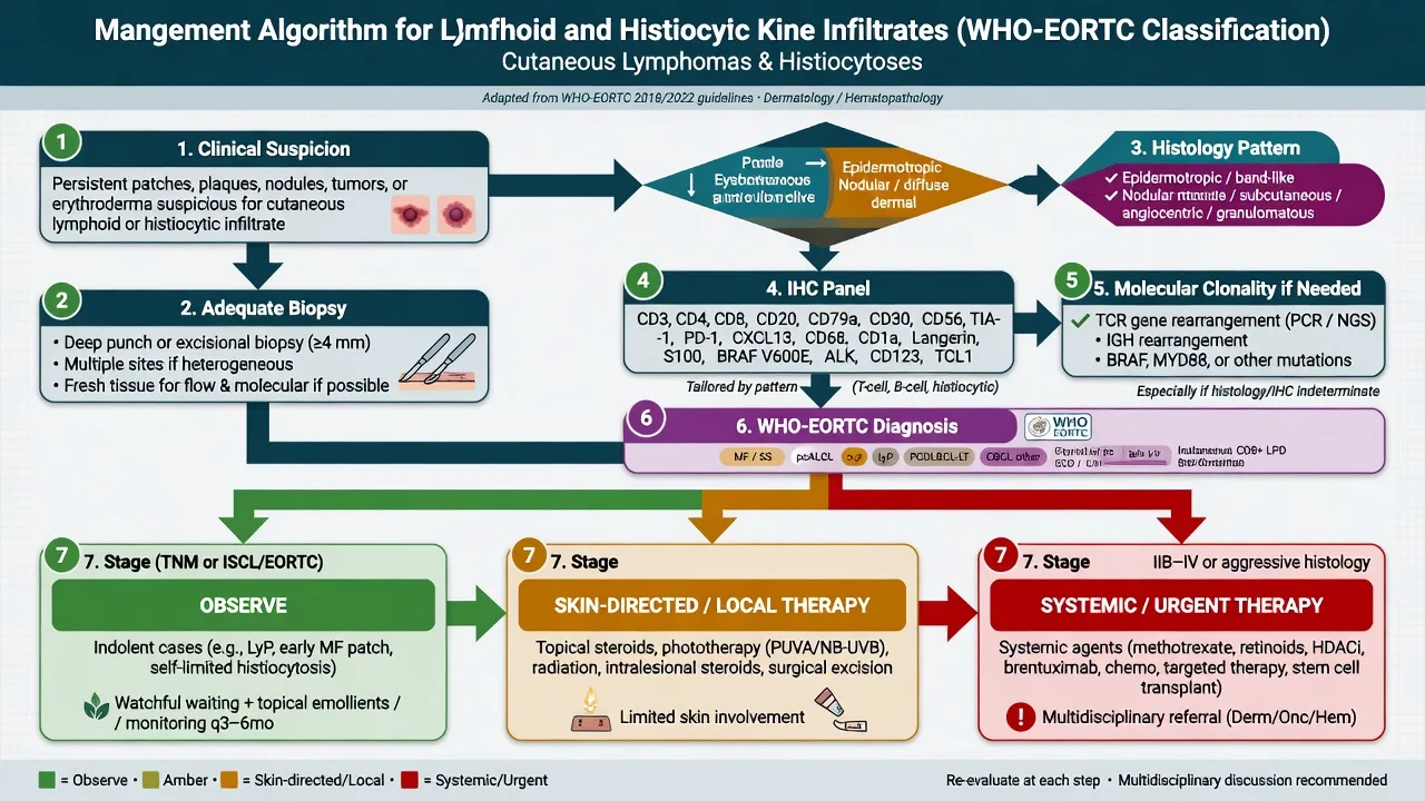 Management algorithm from biopsy and IHC through WHO-EORTC diagnosis to observation local therapy or systemic care
