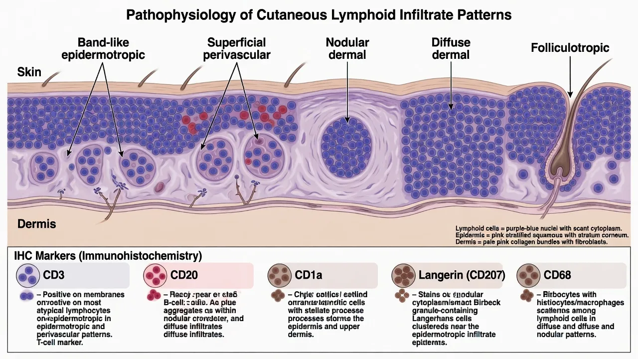 Skin cross-section diagram of lymphoid infiltrate architectures with IHC marker callouts