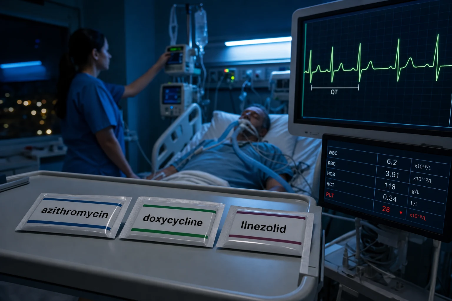 Cinematic ICU scene of three antibiotic packs on the trolley — azithromycin, doxycycline, linezolid — a cardiac monitor showing a QT-prolonged ECG, a full-blood-count screen showing a thrombocytopenia, clinical-blue lighting