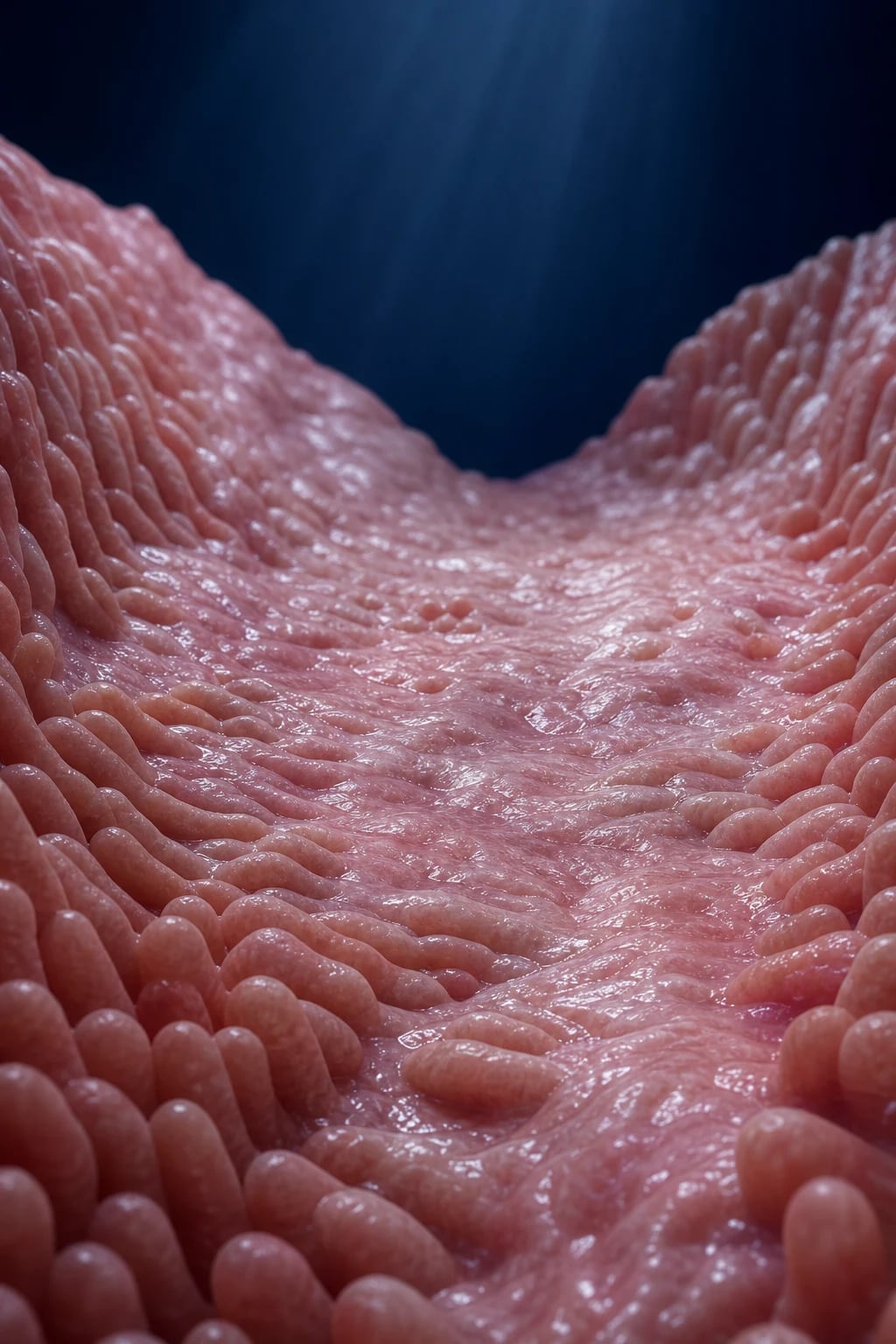 Cinematic 3D close-up of small-intestinal mucosa with finger-like healthy villi transitioning to flattened, blunted, atrophic villi, against a deep navy background