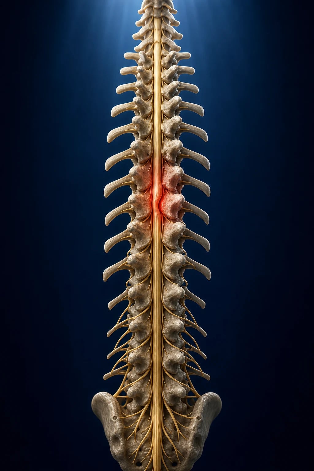 Cinematic ICU scene of malignant spinal cord compression — a cancer patient with progressive back pain worse on lying and coughing, a sensory level on the examination, a whole-spine MRI showing the epidural mass, dexamethasone and a radiotherapy plan, clinical-blue lighting, medical educational, no faces, no text
