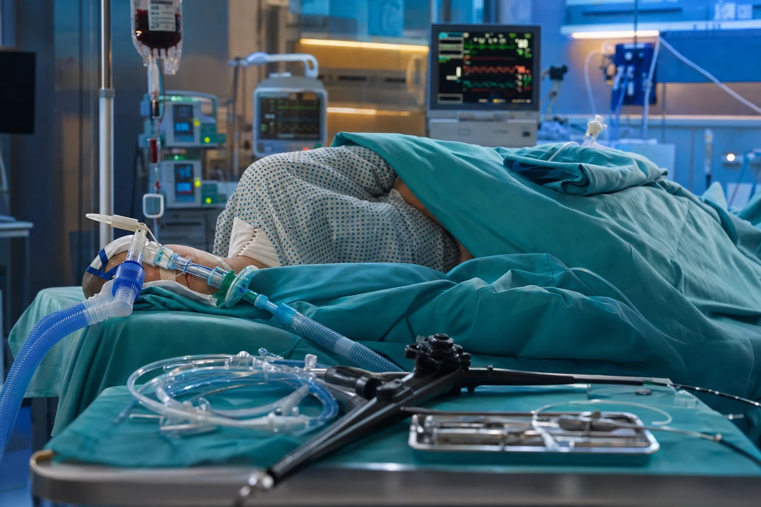 Cinematic ICU scene of a patient with massive haemoptysis, blood in the endotracheal tube, the patient positioned with the bleeding side down, a bronchoscope and a double-lumen tube ready, a cardiac monitor showing tachycardia, a chest X-ray with unilateral opacification, clinical-blue lighting, no faces, no text