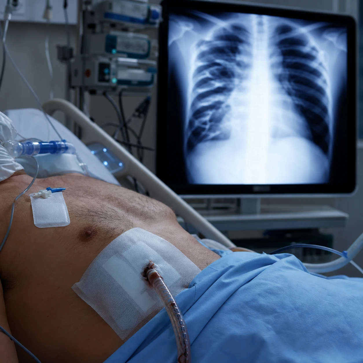 Cinematic ICU scene of a trauma patient with a large-bore chest tube draining frank blood, a massive transfusion cooler with 1:1:1 units, a resuscitative thoracotomy tray with a clamshell incision plan on the whiteboard, clinical-blue lighting, no faces, no text