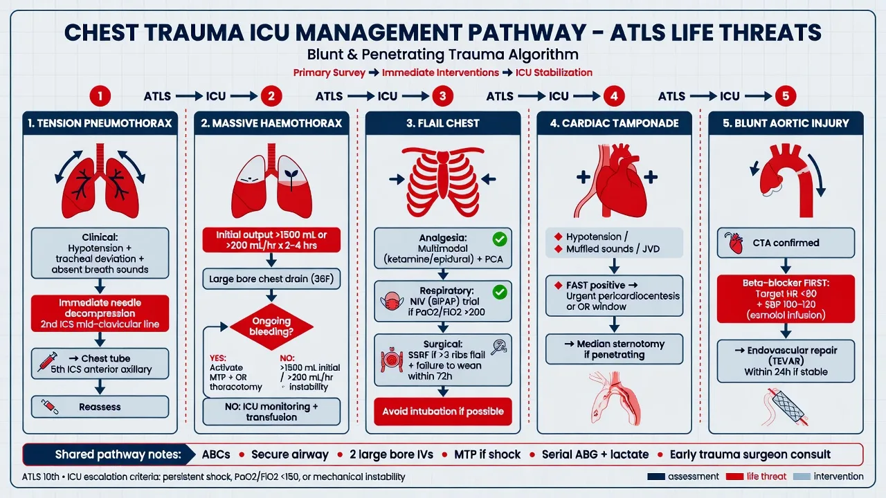 Massive haemothorax and resuscitative thoracotomy pathway: ICC, MTP 1 to 1 to 1, operative thresholds, clamshell for penetrating arrest with recent signs of life, post-ROSC ICU damage control