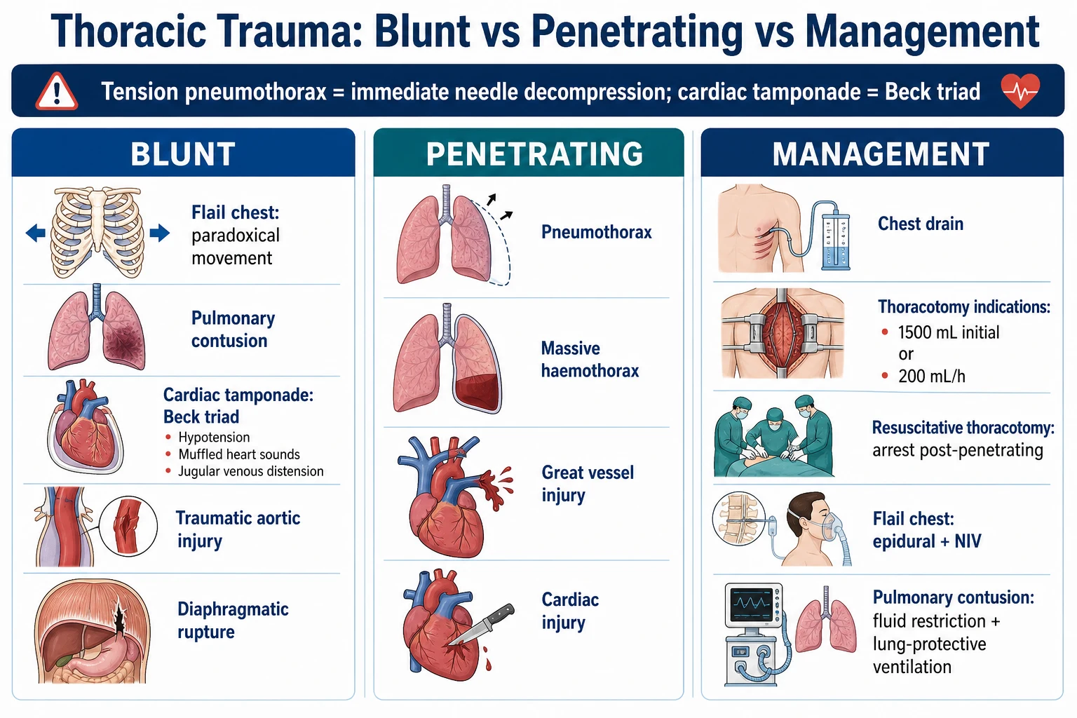 Massive haemothorax pathophysiology: intercostal or great vessel or pulmonary bleeding filling the pleural space, mediastinal shift risk, hypovolaemic and obstructive physiology