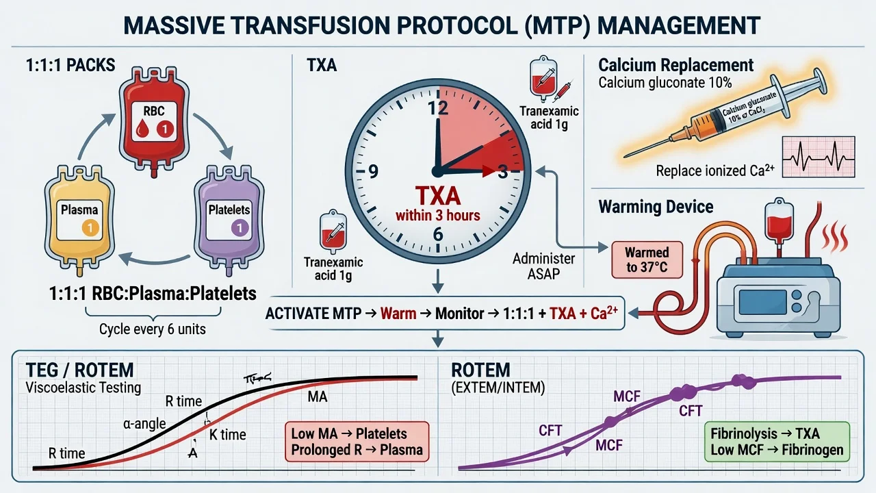 MTP activation algorithm with cooler packs, 1:1:1 components, ROTEM-guided refinement and deactivation criteria