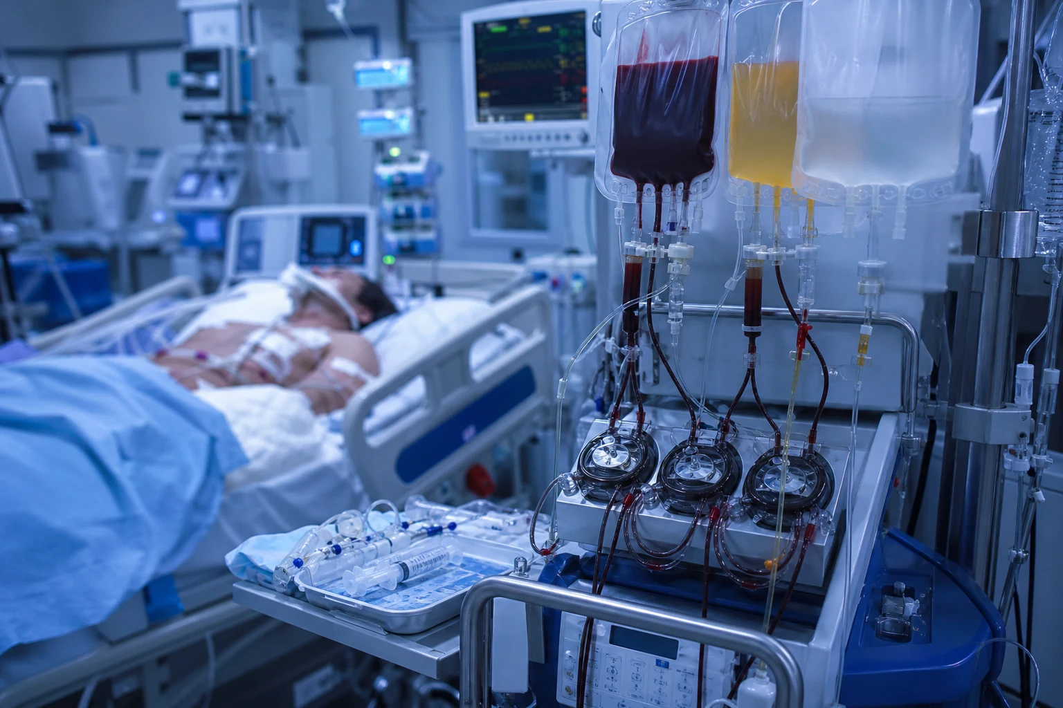 Cinematic trauma ICU scene of a trauma patient with a rapid transfuser running blood products — red blood cells, plasma, and platelets — a cardiac monitor, a calcium infusion line, a tranexamic acid syringe on the trolley, clinical-blue lighting