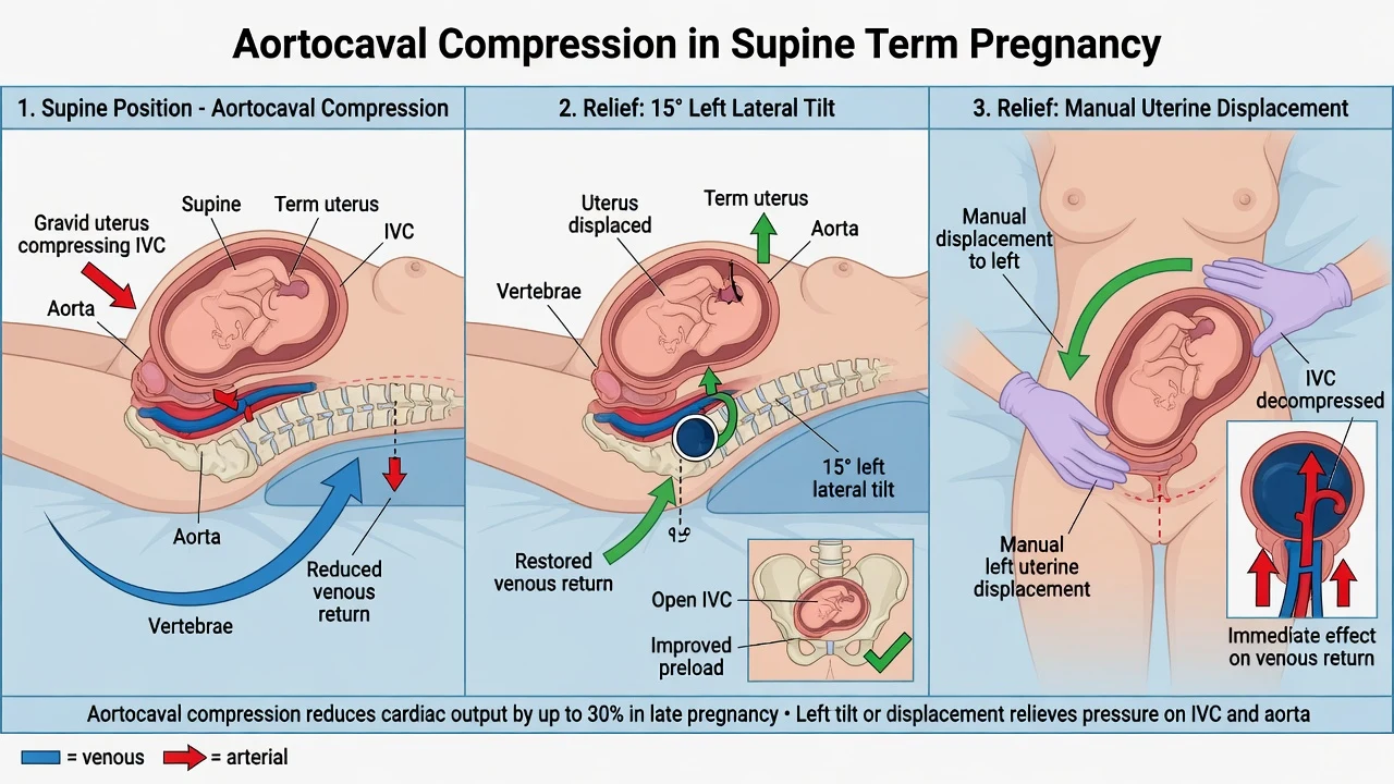 Aortocaval compression and left lateral tilt