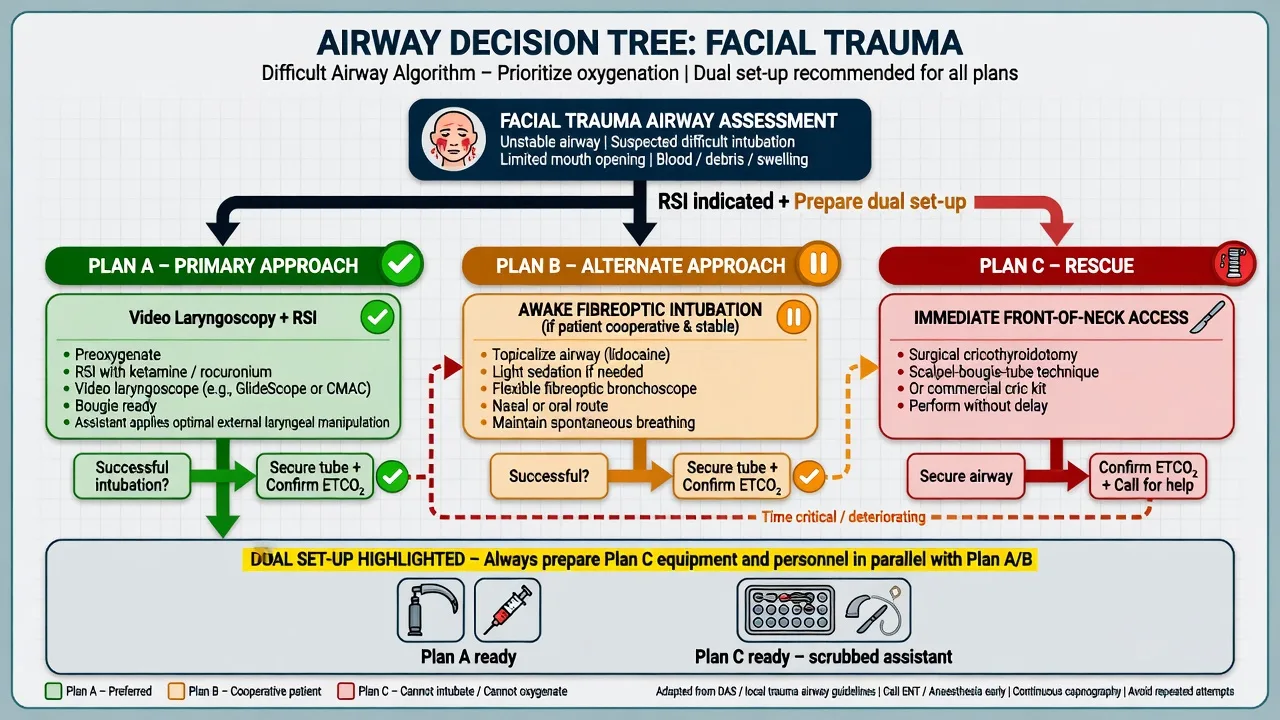Maxillofacial trauma airway decision tree educational diagram