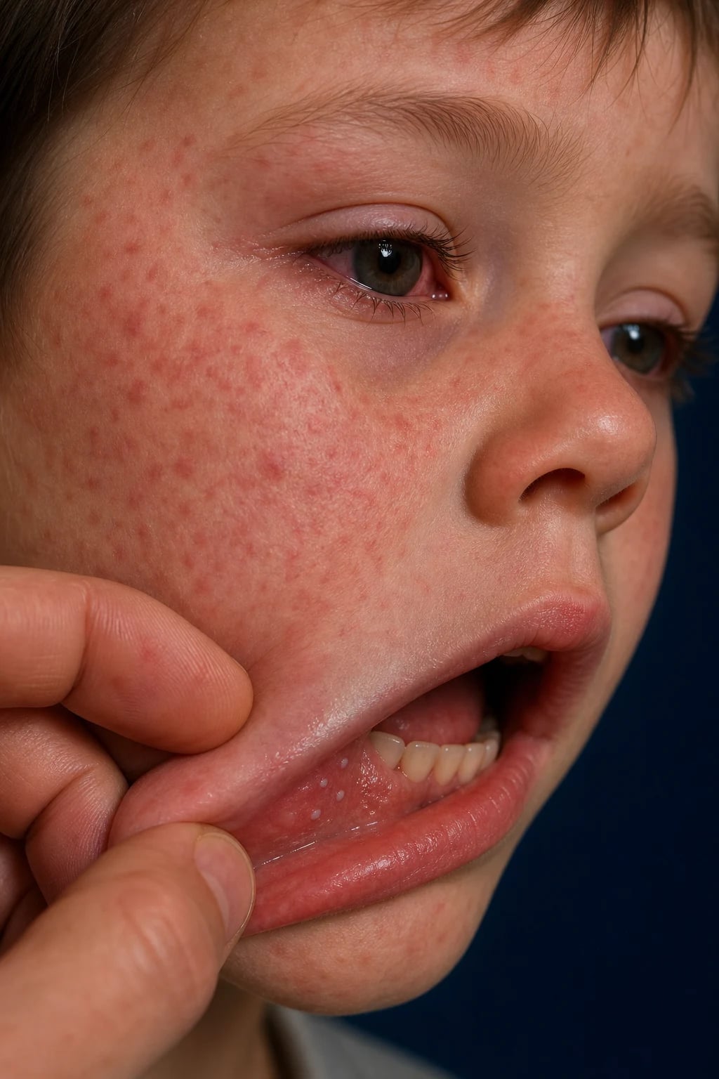 Cinematic 3D close-up of a child's cheek with a red blotchy maculopapular rash, a few Koplik spots on the inner buccal mucosa, and red watery conjunctivitis, against a deep navy background