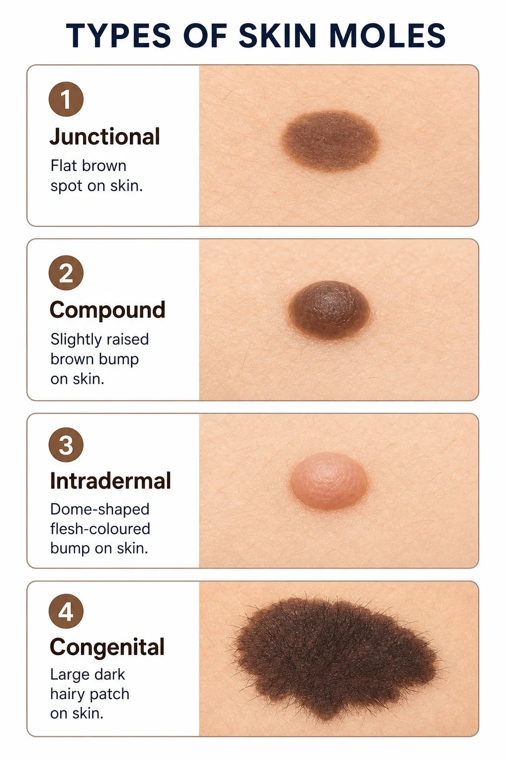 Four types of acquired melanocytic naevi: flat dark junctional macule, raised brown compound papule, dome-shaped flesh-coloured intradermal papule, and a large hairy congenital plaque