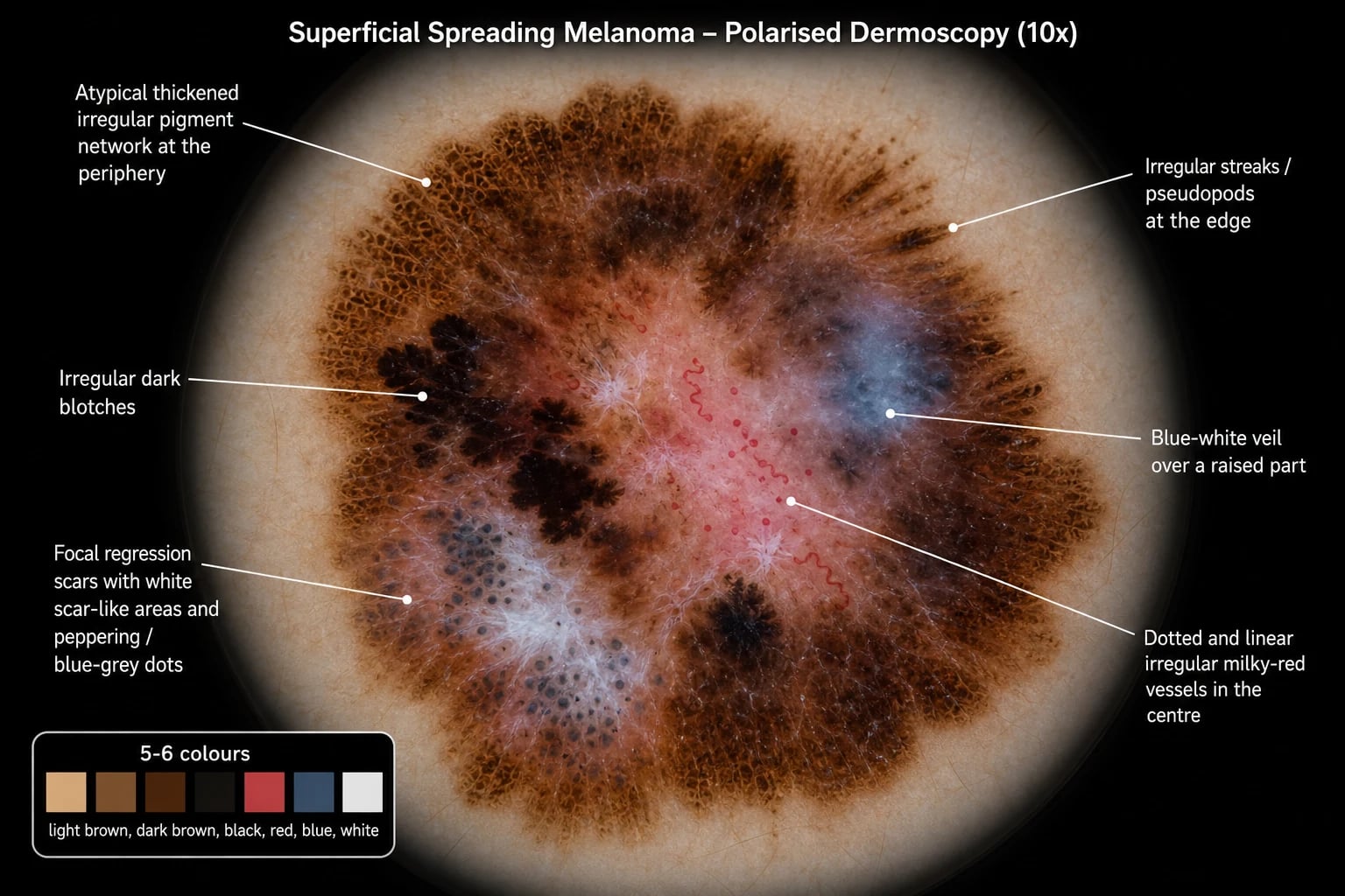 Dermoscopy of a superficial spreading melanoma showing atypical pigment network, streaks, blue-white veil, regression and irregular vessels