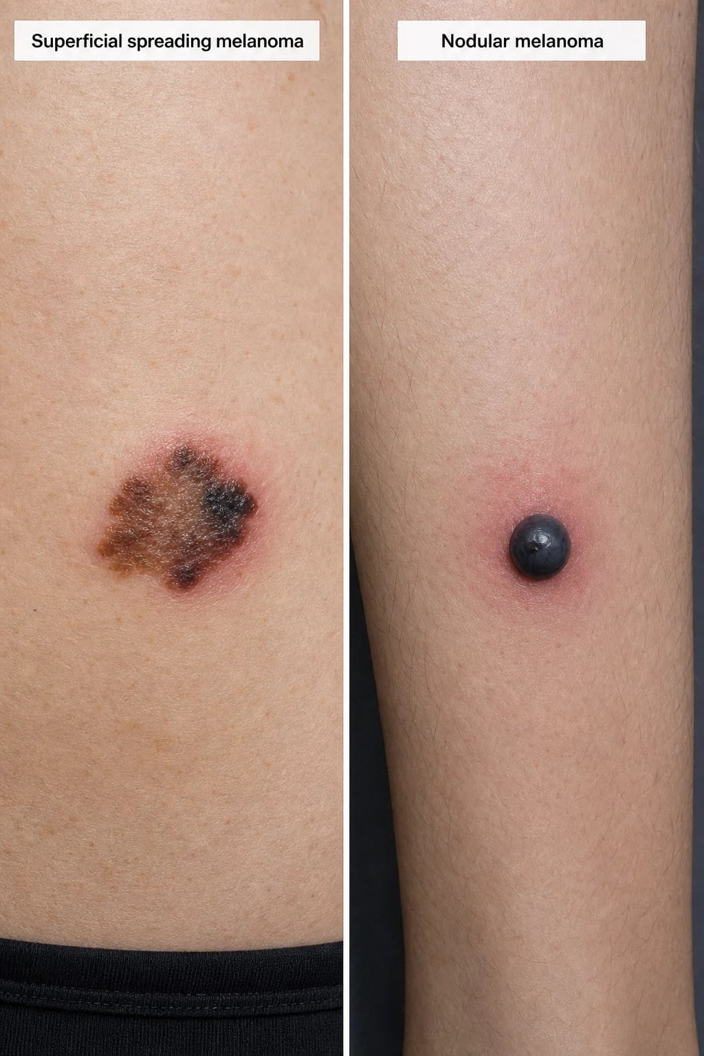 Two melanoma subtypes: an asymmetric superficial spreading melanoma with irregular border and colour variegation on the back, and a raised blue-black nodular melanoma on the calf