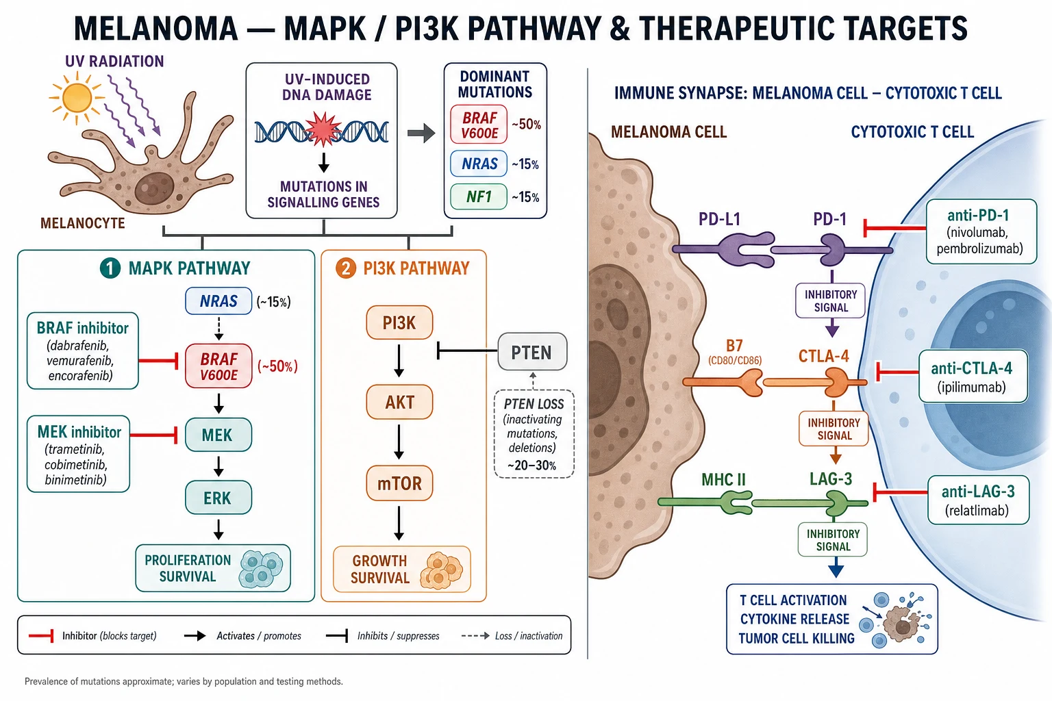 Diagram of the MAPK and PI3K signalling pathways in melanoma with BRAF V600E, NRAS and NF1 mutations, and the therapeutic targets of BRAF inhibitors, MEK inhibitors, anti-PD-1, anti-CTLA-4 and anti-LAG-3