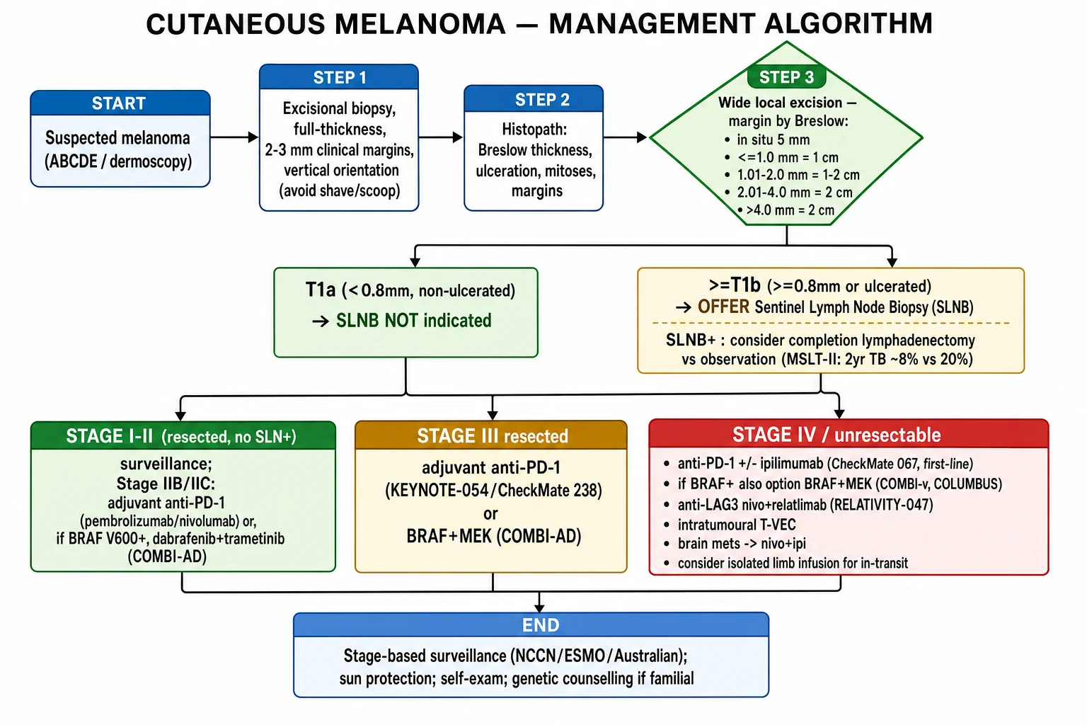 Melanoma management algorithm from excisional biopsy through wide local excision with Breslow-guided margins, sentinel lymph node biopsy, and stage-based adjuvant and metastatic systemic therapy