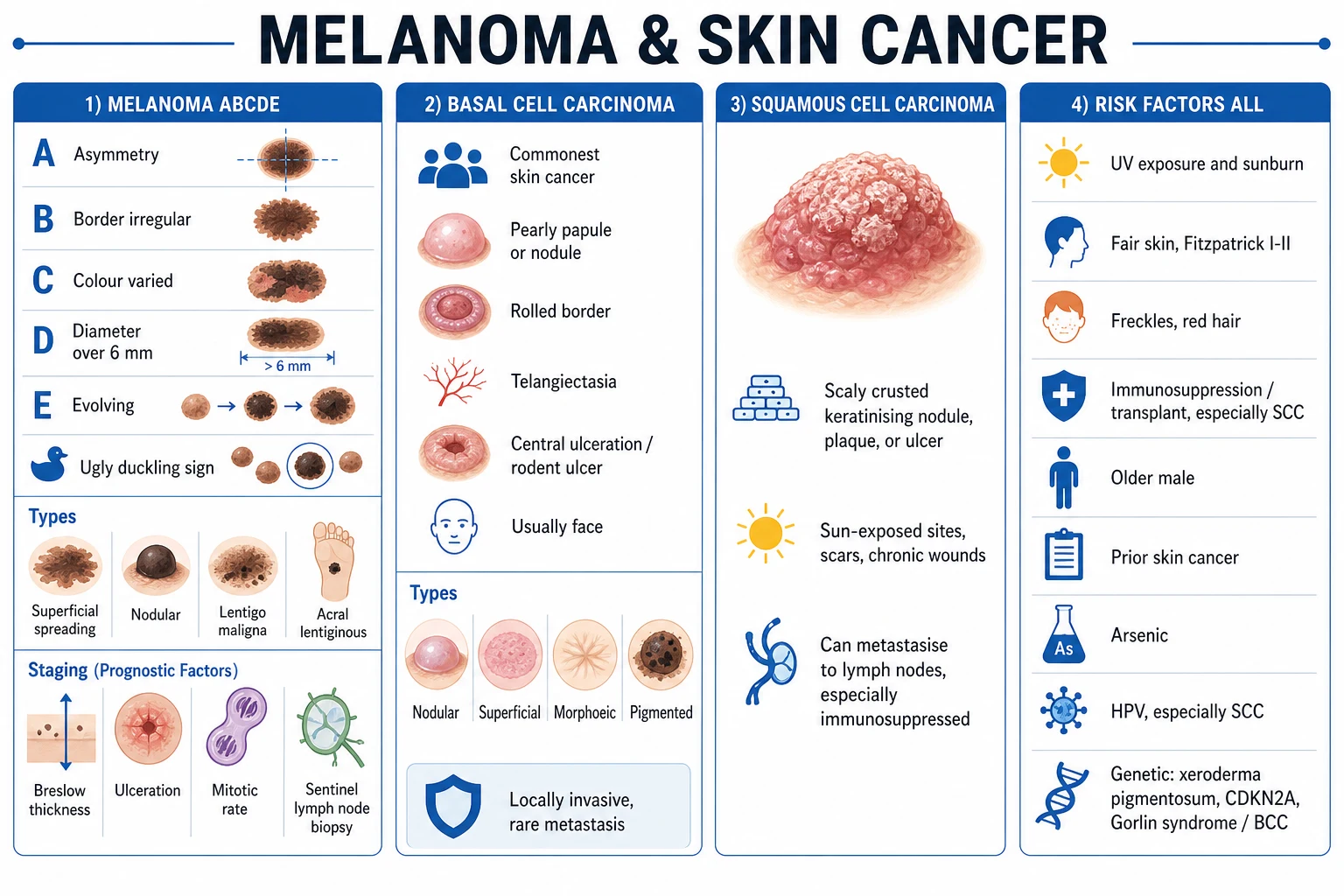 Clean infographic showing melanoma ABCDE criteria and subtypes, BCC, SCC, and Merkel cell carcinoma with staging