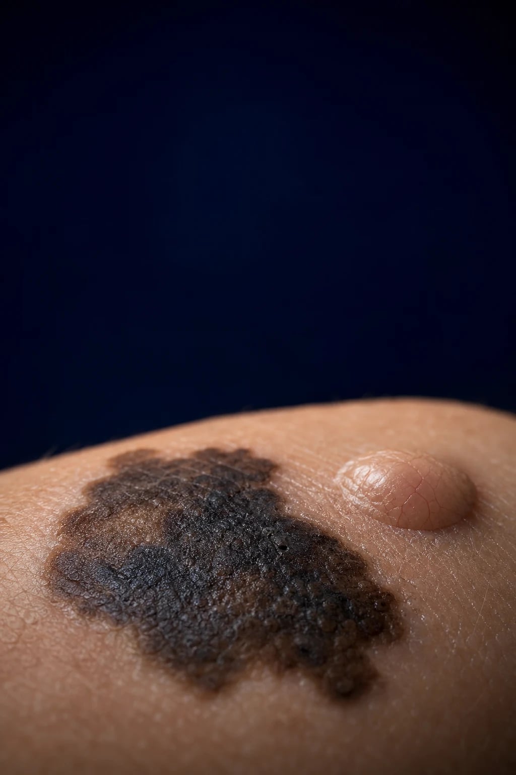Cinematic 3D abstract close-up of an irregular dark lesion with varied colour and notched border on skin, beside a pearly flesh-coloured bump with tiny surface vessels, against a deep navy background