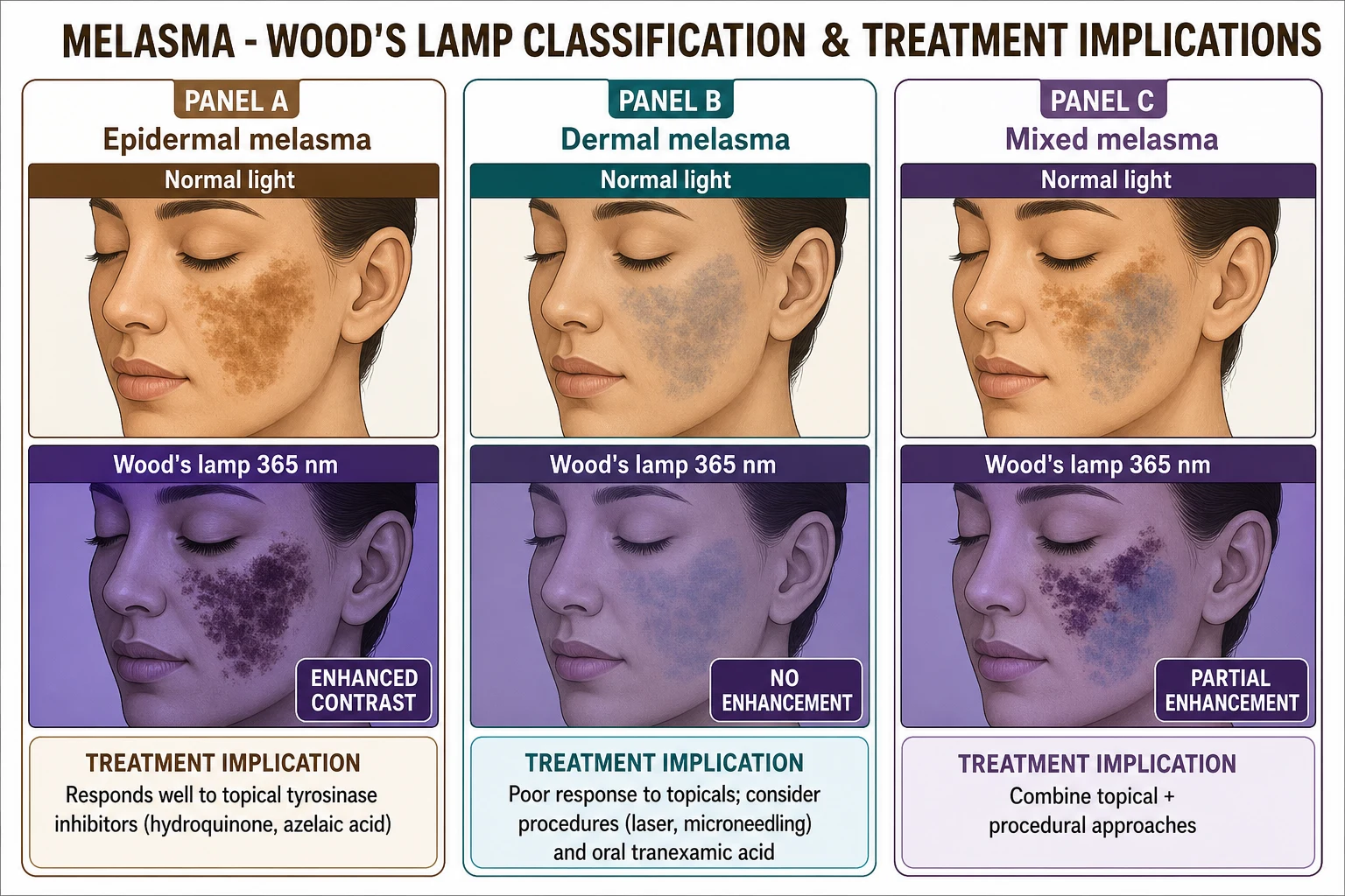 Wood's lamp examination helps separate melasma from mimics such as solar lentigo and exogenous ochronosis by accentuating epidermal pigment and revealing dermal deposition.