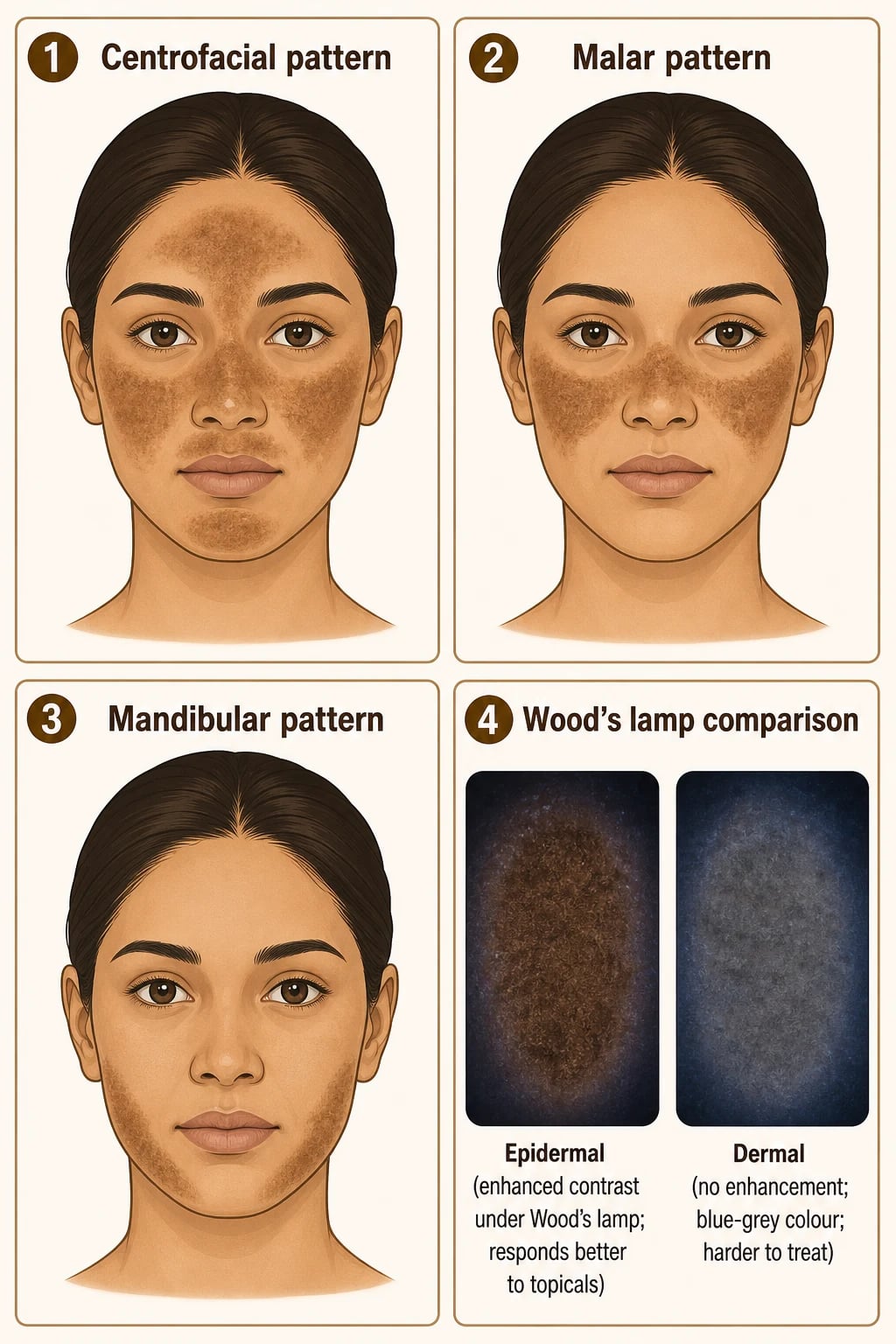 Three melasma patterns: centrofacial, malar and mandibular, with a Wood's lamp comparison showing epidermal accentuation versus dermal non-accentuation.