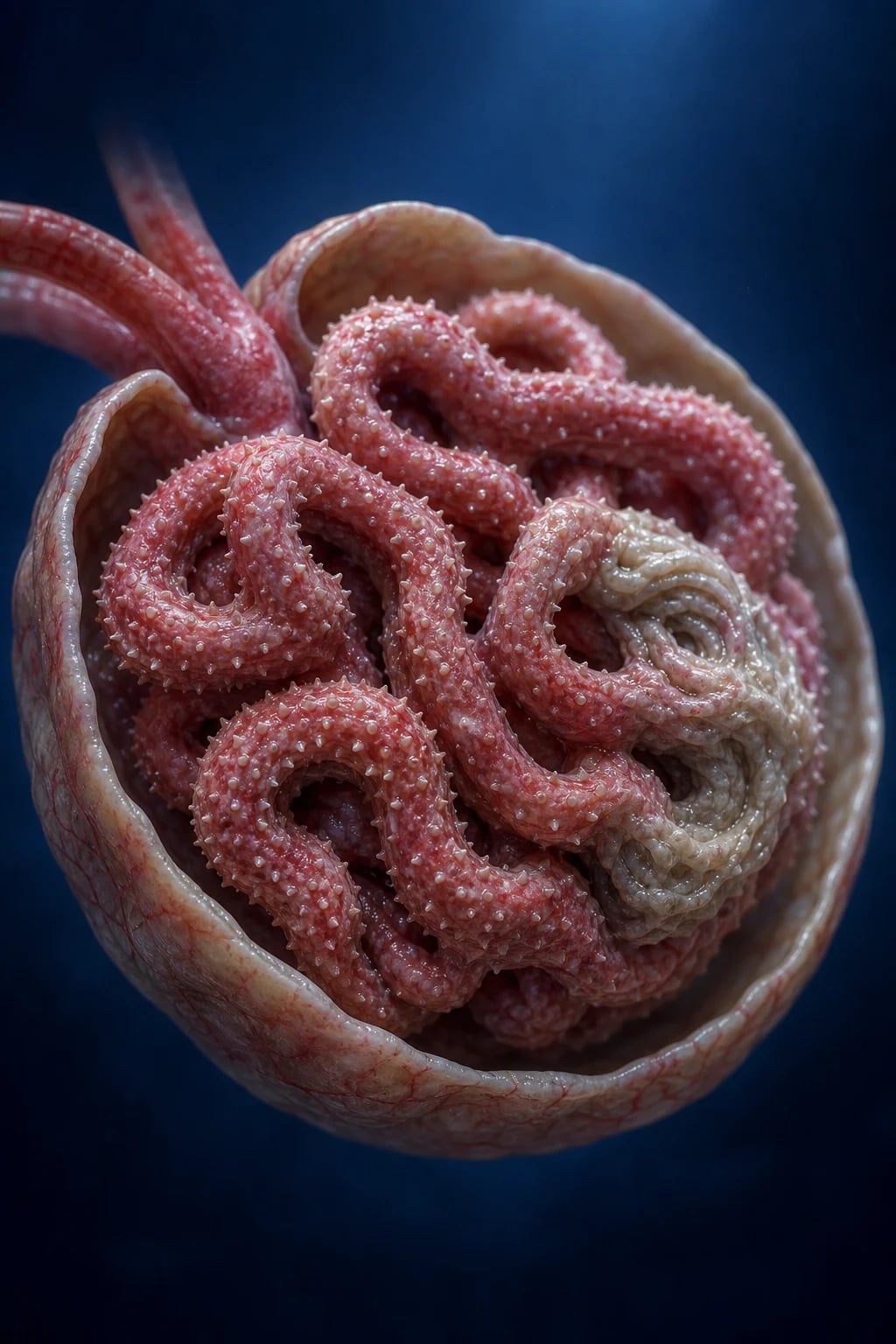 Cinematic 3D close-up of a glomerulus: left half showing thickened spiked capillary loops with golden subepithelial immune deposits, right half showing a collapsed sclerosed tuft segment adherent to Bowman capsule, against a deep navy background