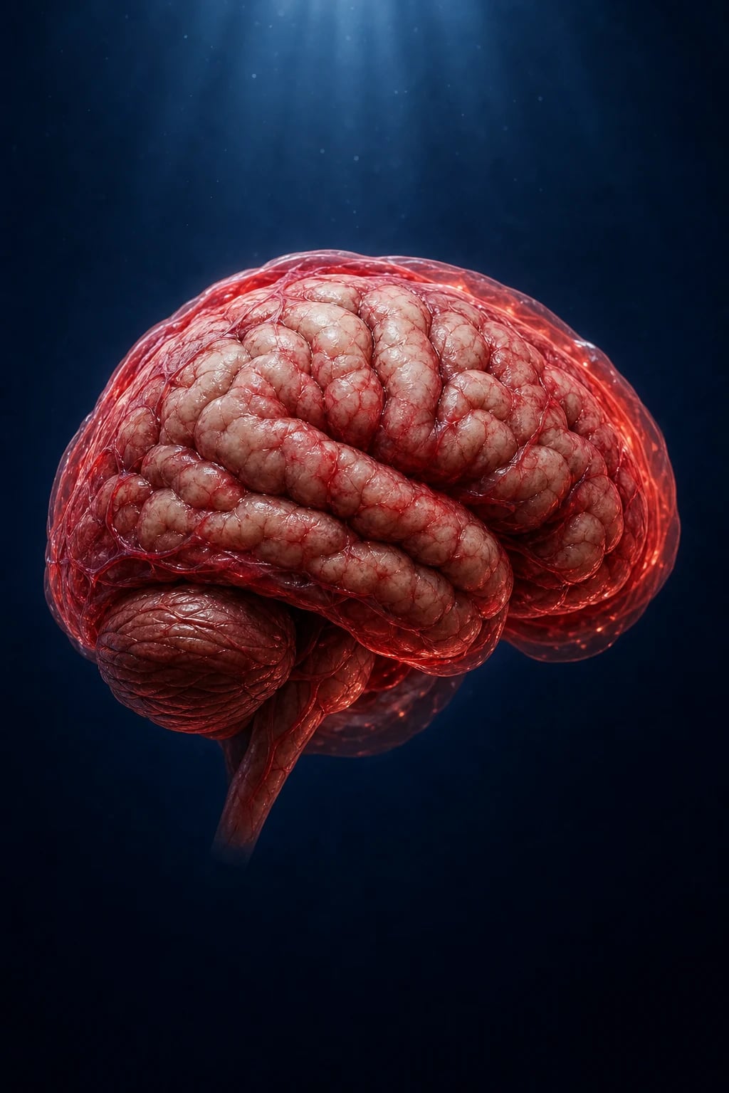 Anatomical illustration of inflamed meninges around the brain with CSF showing neutrophilic infiltrate