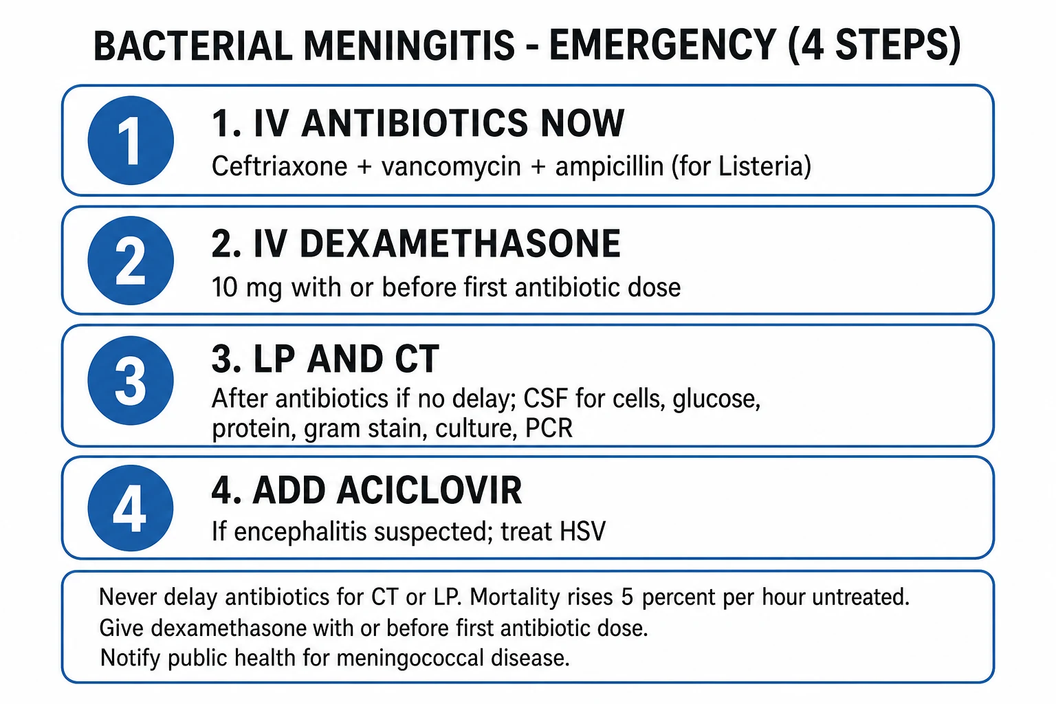 Algorithm showing the one-hour bundle for suspected bacterial meningitis and HSV encephalitis