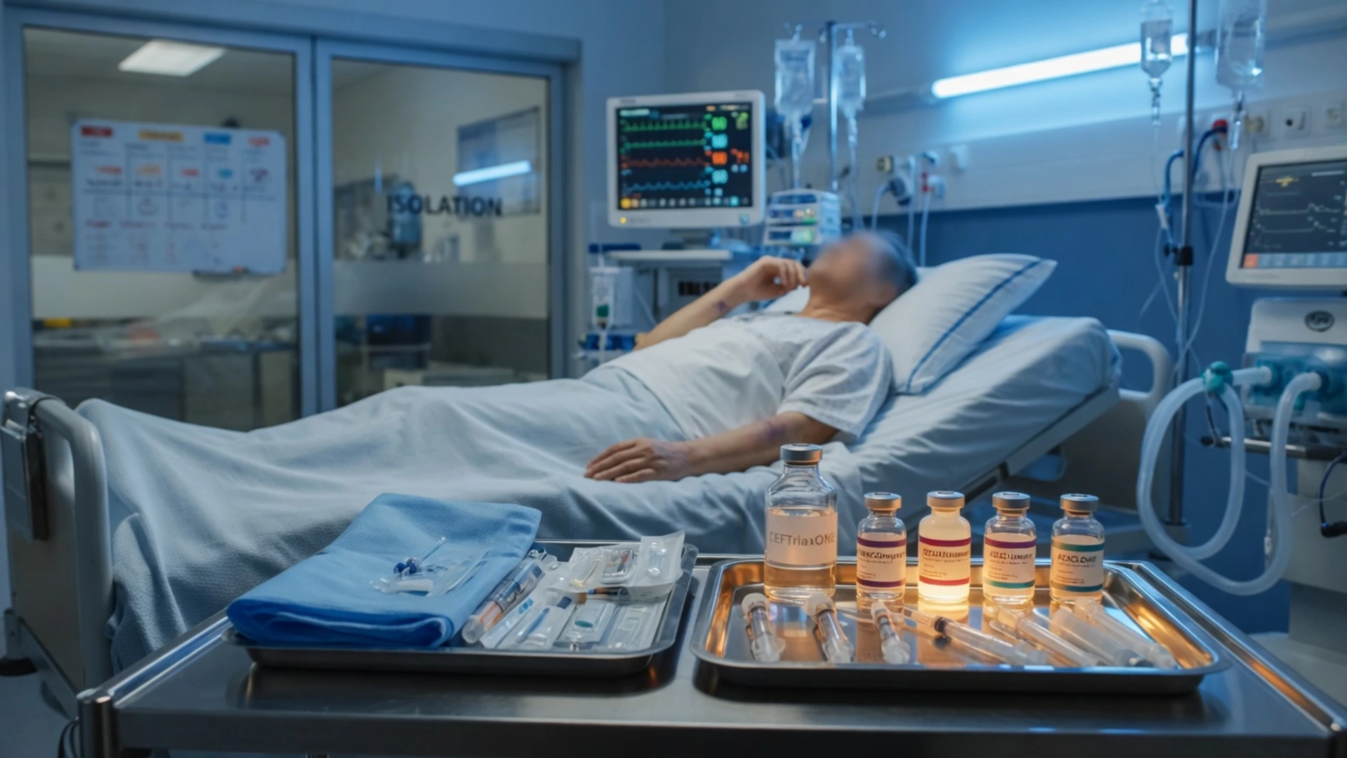Cinematic ICU scene of a suspected meningitis patient with neck stiffness and photophobia, a lumbar-puncture tray covered, ceftriaxone, vancomycin, dexamethasone and aciclovir drawn up at the bedside, clinical-blue lighting, medical educational, no faces, no text