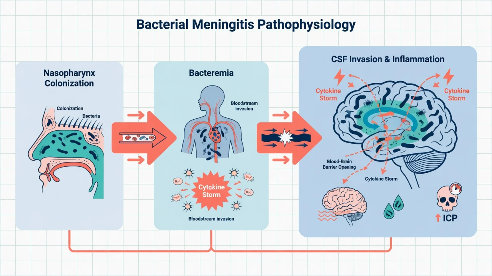 Educational three-panel management infographic for bacterial meningitis: immediate antibiotics plus dexamethasone before LP, CSF investigations, and ICP-supportive ICU care