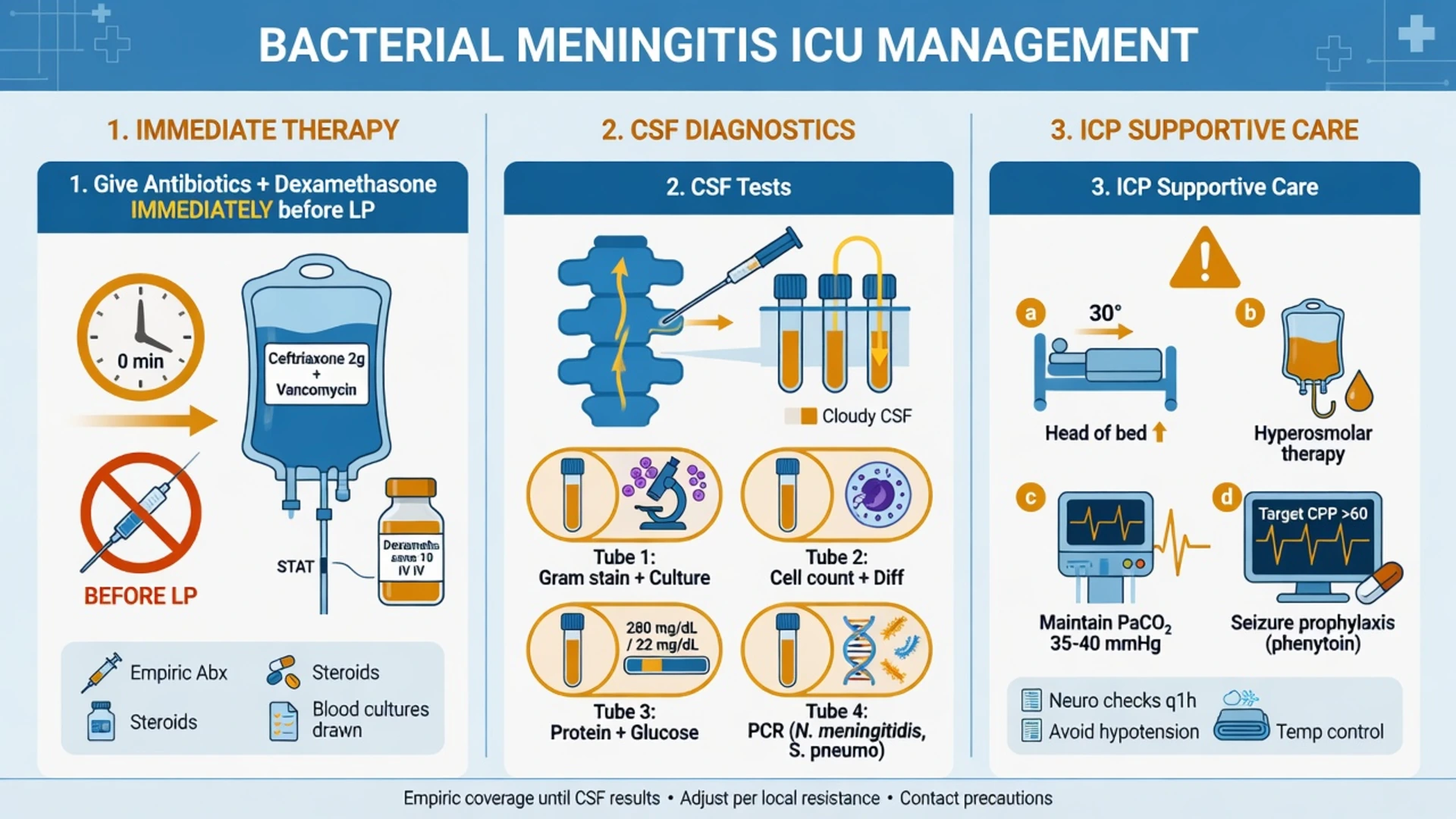 Educational infographic of bacterial meningitis pathophysiology: nasopharyngeal colonisation to bacteraemia to CSF invasion, cytokine storm, blood-brain barrier failure, cerebral oedema and raised ICP