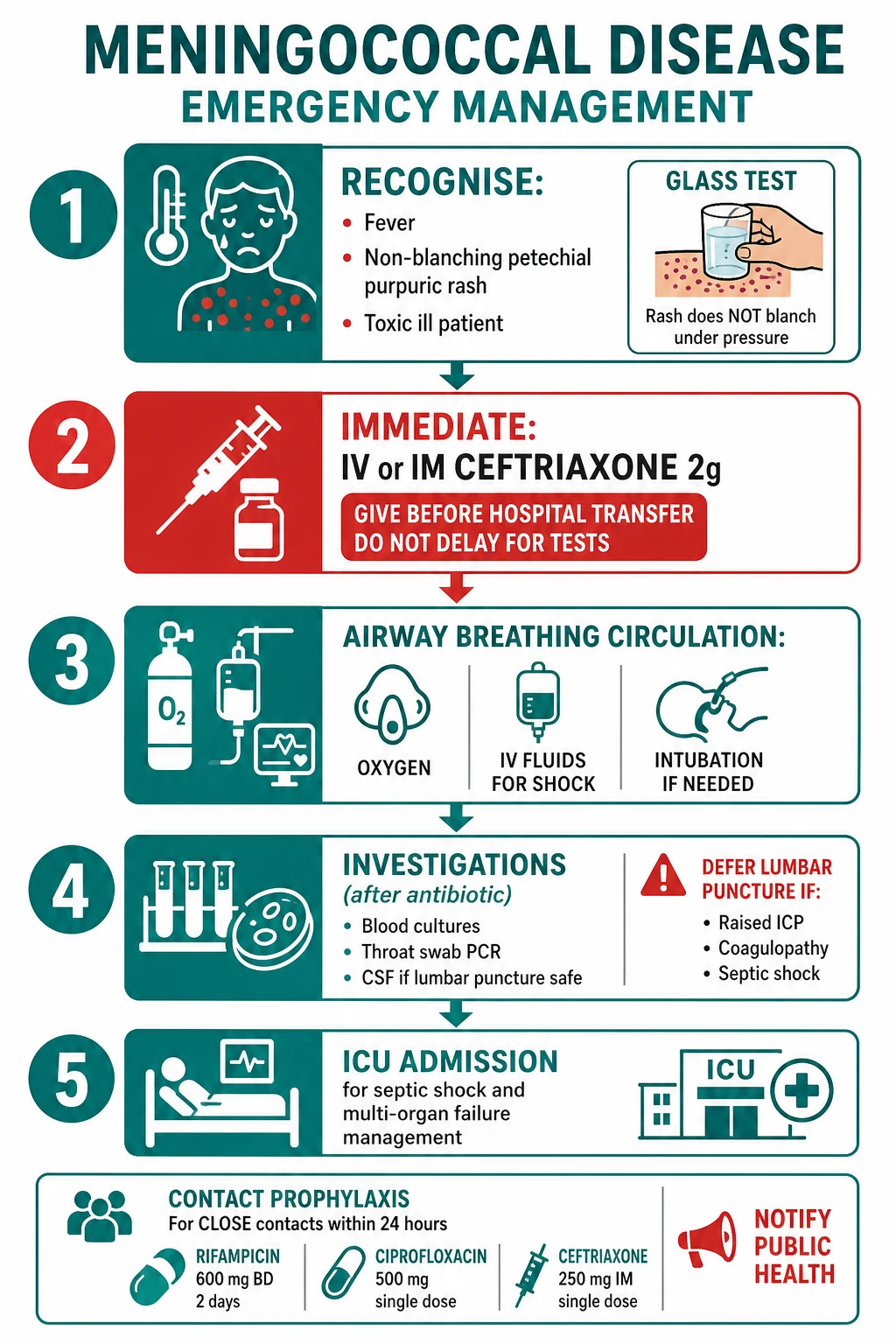 Emergency management algorithm: recognise fever and non-blanching rash, give IV or IM benzylpenicillin or ceftriaxone immediately before tests, ABC plus oxygen and fluids, blood cultures and PCR, ICU plus contact prophylaxis within 24 hours