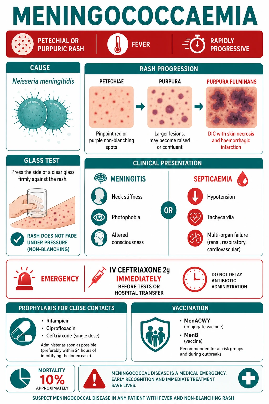 Clinical cascade: nasopharyngeal colonisation to bacteraemia, endotoxin LOS, cytokine storm, DIC, purpura fulminans, adrenal haemorrhage; clinical features and prophylaxis