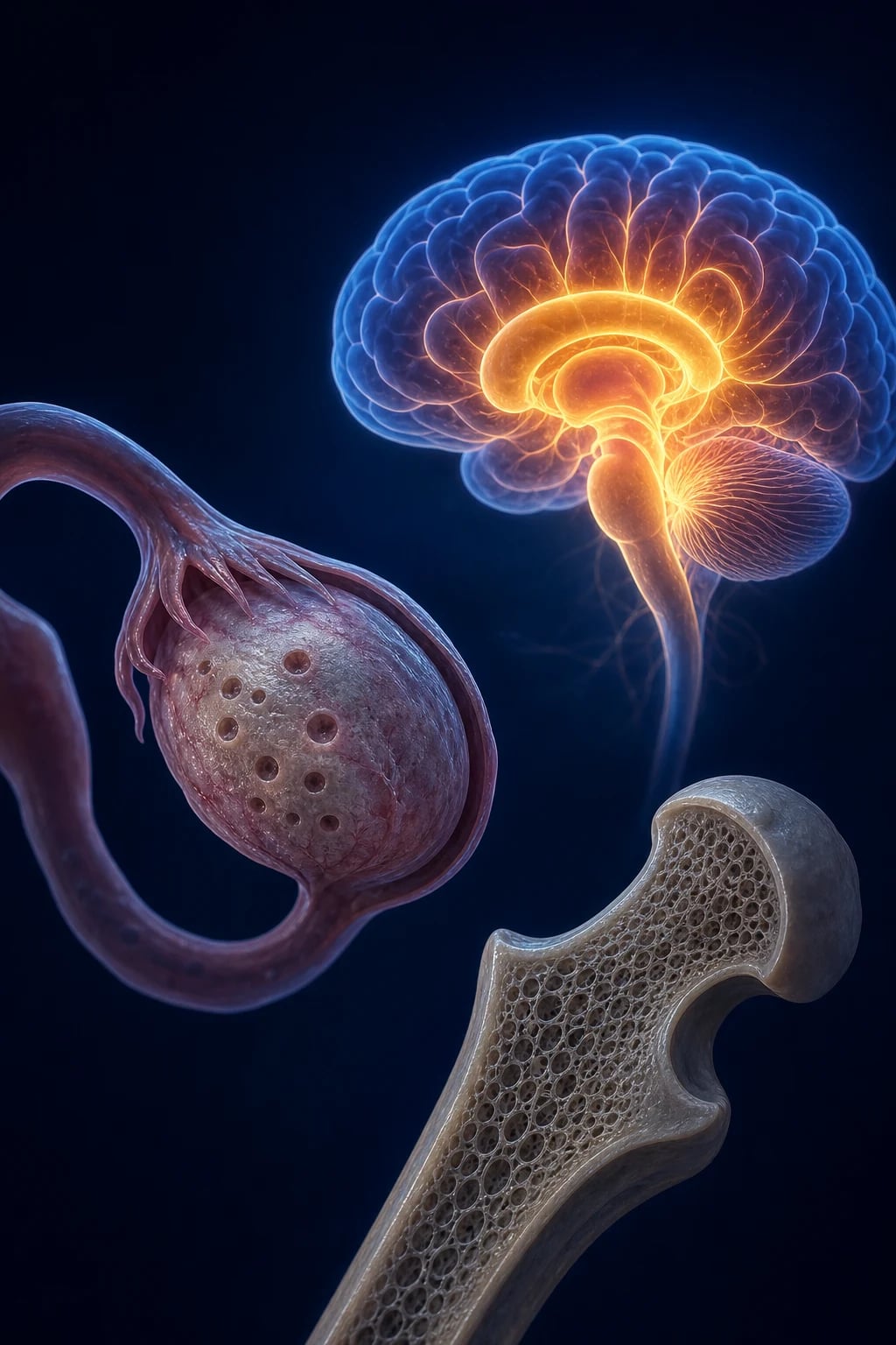 Cinematic 3D abstract anatomical illustration of an ovary with depleted follicles beside a stylised brain and a skeletal bone, against a deep navy background