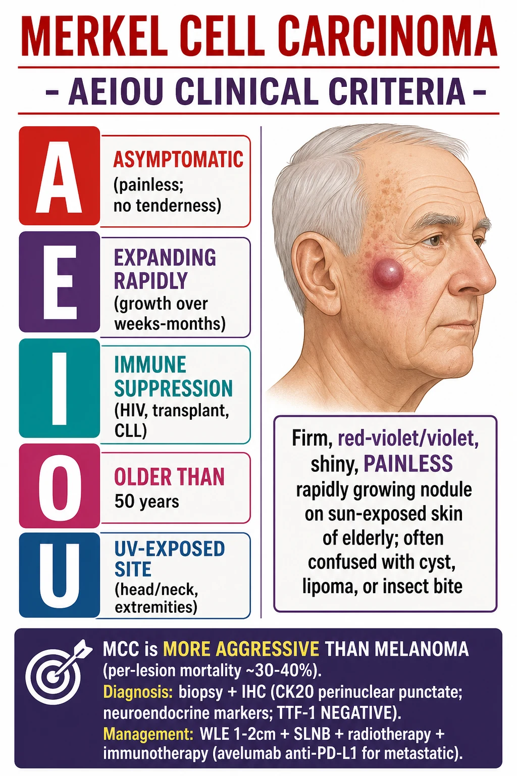 AEIOU criteria and clinical appearance of a firm red-violet painless rapidly growing nodule on sun-exposed skin of an elderly patient