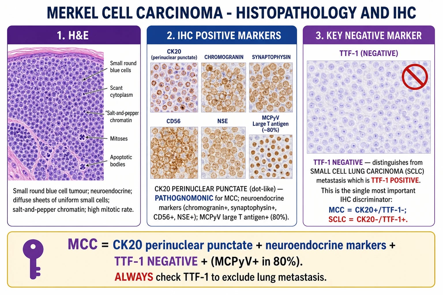 Merkel cell carcinoma histology showing small round blue cells and CK20 perinuclear punctate positivity with TTF-1 negativity