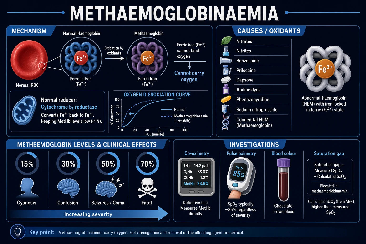 Methaemoglobinaemia — methylene blue, G6PD, co-oximetry classification