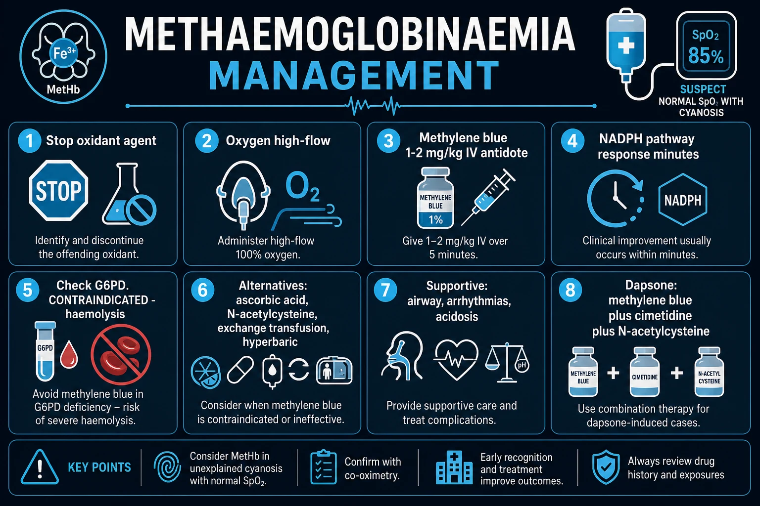 Methaemoglobinaemia — methylene blue, G6PD, co-oximetry management pathway overview