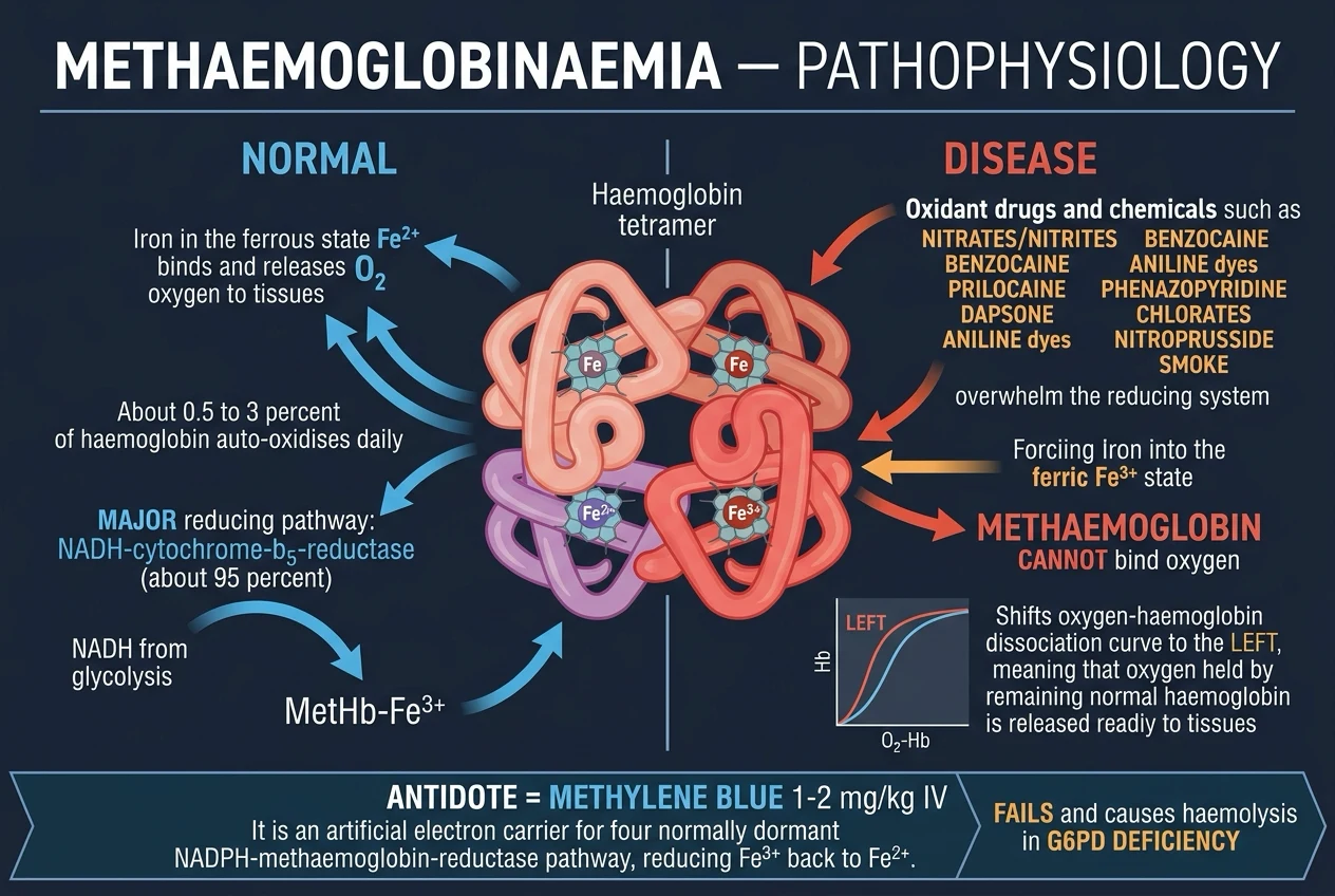 Methaemoglobinaemia — methylene blue, G6PD, co-oximetry pathophysiology overview for ICU exam
