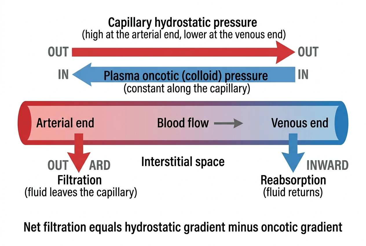Starling filtration and reabsorption along capillary