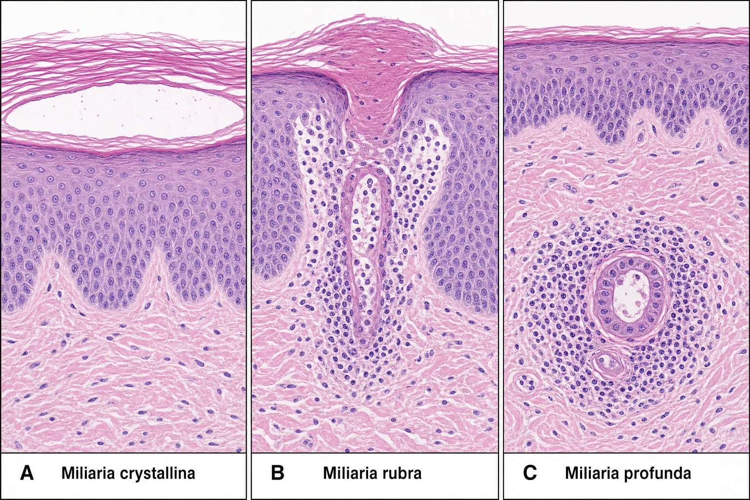 Three-panel H&E-style histopathology diagram: crystallina with a subcorneal vesicle, rubra with intraepidermal spongiosis around an eccrine duct, and profunda with a periductal lymphocytic and neutrophilic infiltrate in the papillary dermis