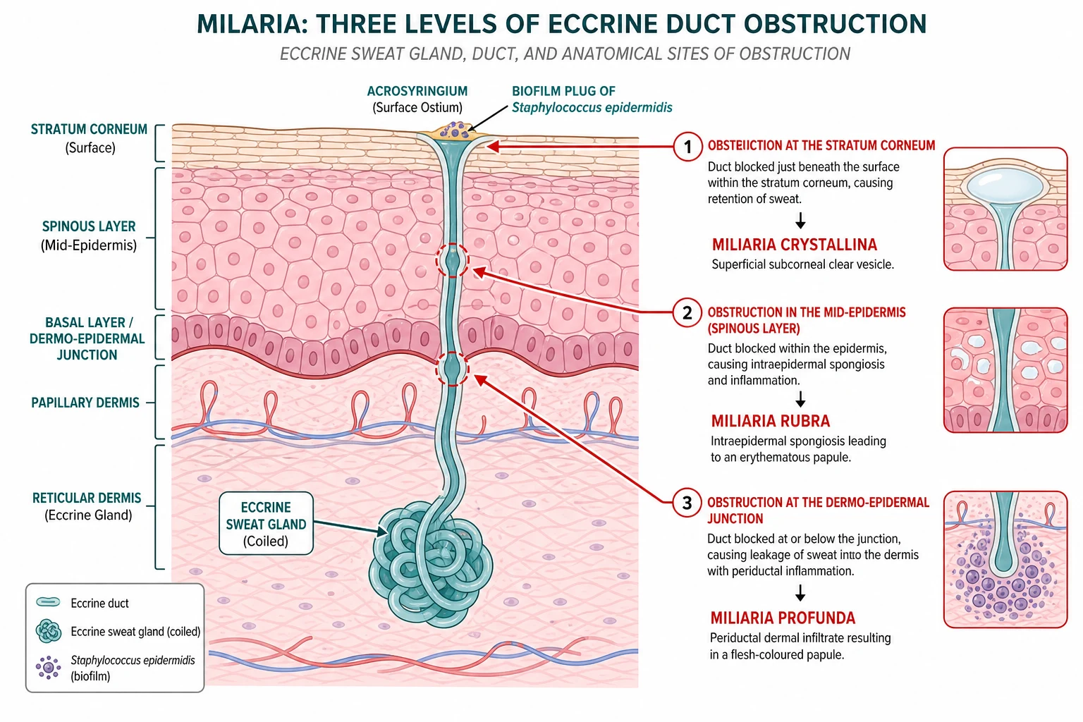 Skin cross-section diagram of an eccrine sweat gland and duct showing three levels of obstruction — stratum corneum producing crystallina, mid-epidermis producing rubra, and dermo-epidermal junction producing profunda — with a Staphylococcus epidermidis biofilm plug at the acrosyringium